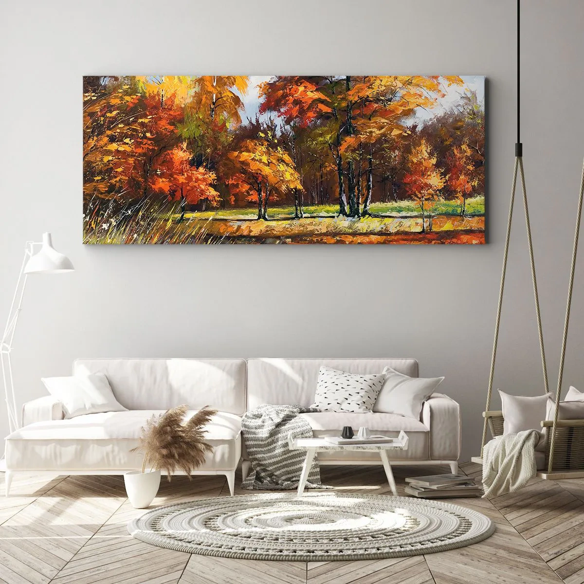 Bild auf Leinwand - Leinwandbild - Herbstlandschaft mit bunten Bäumen und einem Teich - 160x50cm - Landschaft in Gold und Bronze - Moderne Wanddekoration für Wohnzimmer und Schlafzimmer ARTTOR