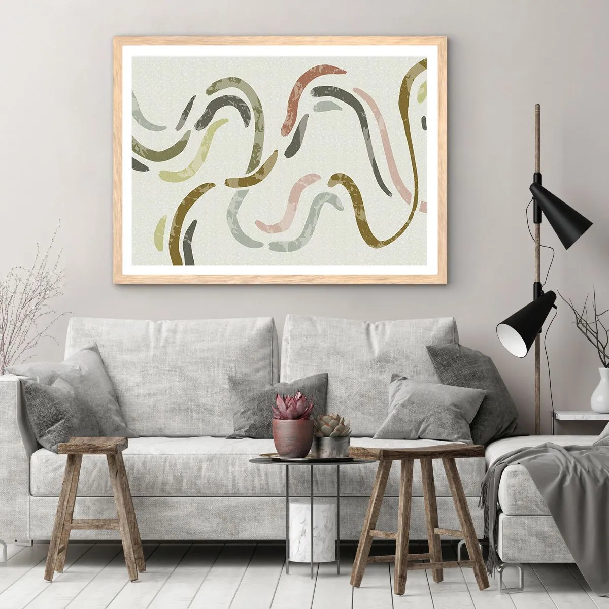 Poster in einem Rahmen aus heller Eiche - Fröhlicher Tanz der Abstraktion - 70x50 cm