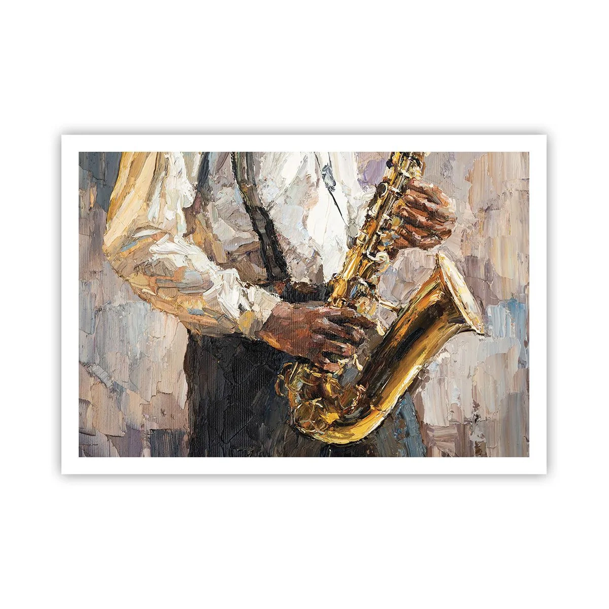 Poster - Ein Musiker, der Saxophon in einem künstlerischen Stil spielt - 100x70cm - Zeit fürs Solo - Moderne Wanddekoration für Wohnzimmer und Schlafzimmer ARTTOR