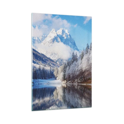 Glasbild - Bild auf glas - Winterliche Berglandschaft mit schneebedeckten Bäumen und einem See - 80x120cm - Schneefang - Moderne Wanddekoration für Wohnzimmer und Schlafzimmer ARTTOR