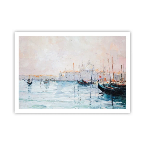 Poster - Malerischer Blick auf die Kanäle mit pastellfarbenen Booten - 100x70cm - Hinter dem Wasser, hinter dem Nebel - Moderne Wanddekoration für Wohnzimmer und Schlafzimmer ARTTOR