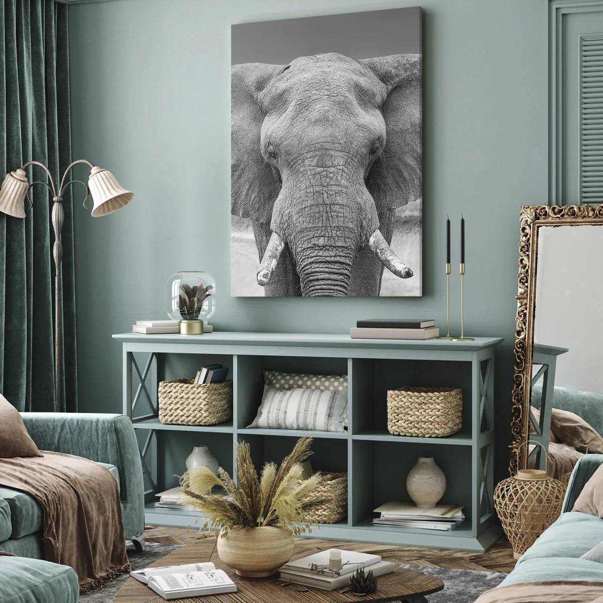 Bild auf Leinwand - Leinwandbild - Porträt eines Elefanten in Schwarz und Weiß - 70x100cm - Willkommen in meiner Welt - Moderne Wanddekoration für Wohnzimmer und Schlafzimmer ARTTOR