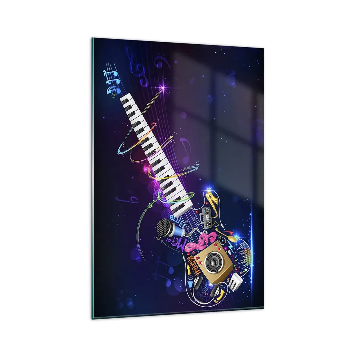 Glasbild - Bild auf glas - Eine bunte Gitarre mit Keyboard und Mikrofon auf dunklem Hintergrund. - 80x120cm - Und alles ist gut - Moderne Wanddekoration für Wohnzimmer und Schlafzimmer ARTTOR