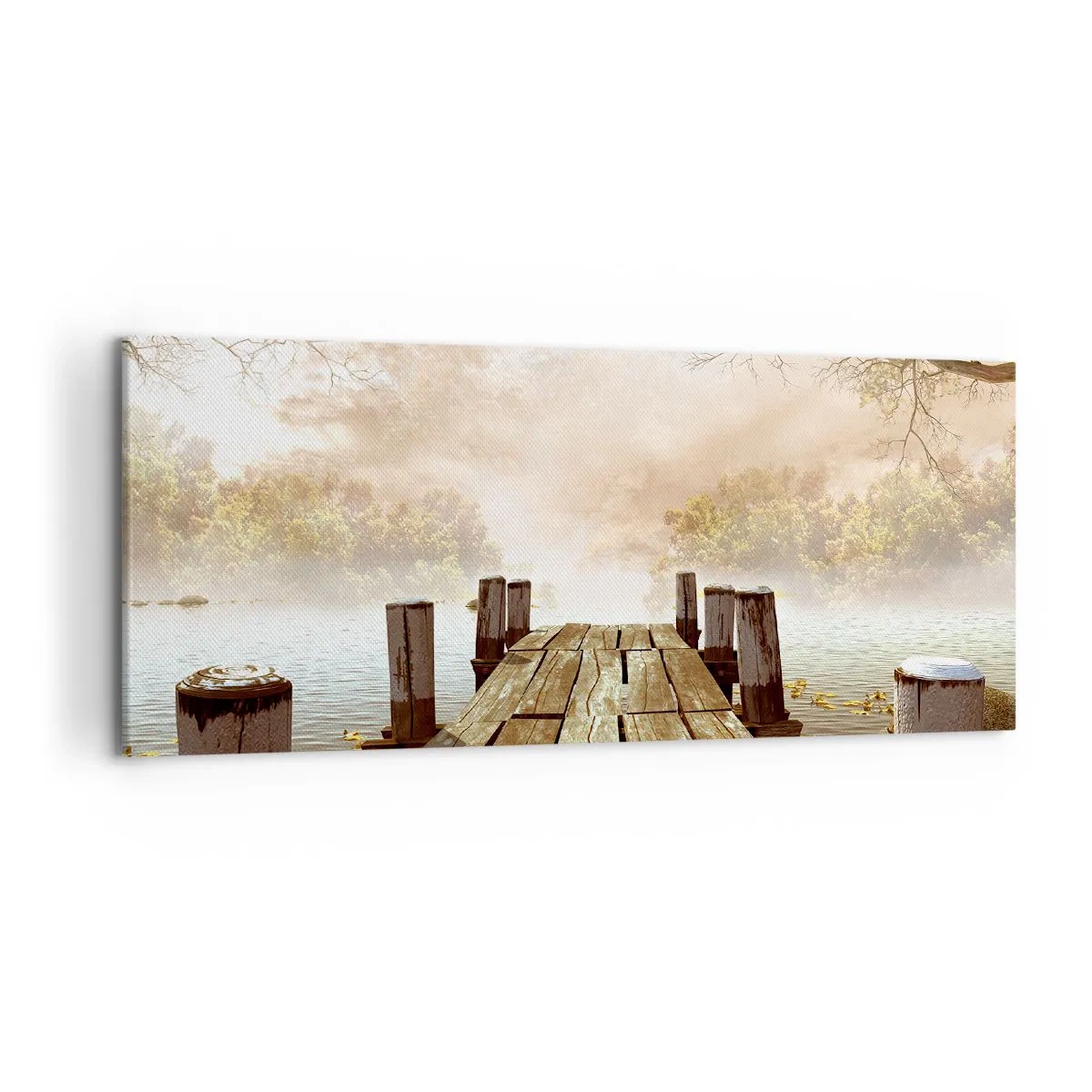 Bild auf Leinwand - Leinwandbild - Ein Holzsteg, der im Morgennebel auf einen ruhigen See führt - 120x50cm - Die milde Traurigkeit des Herbstes - Moderne Wanddekoration für Wohnzimmer und Schlafzimmer ARTTOR
