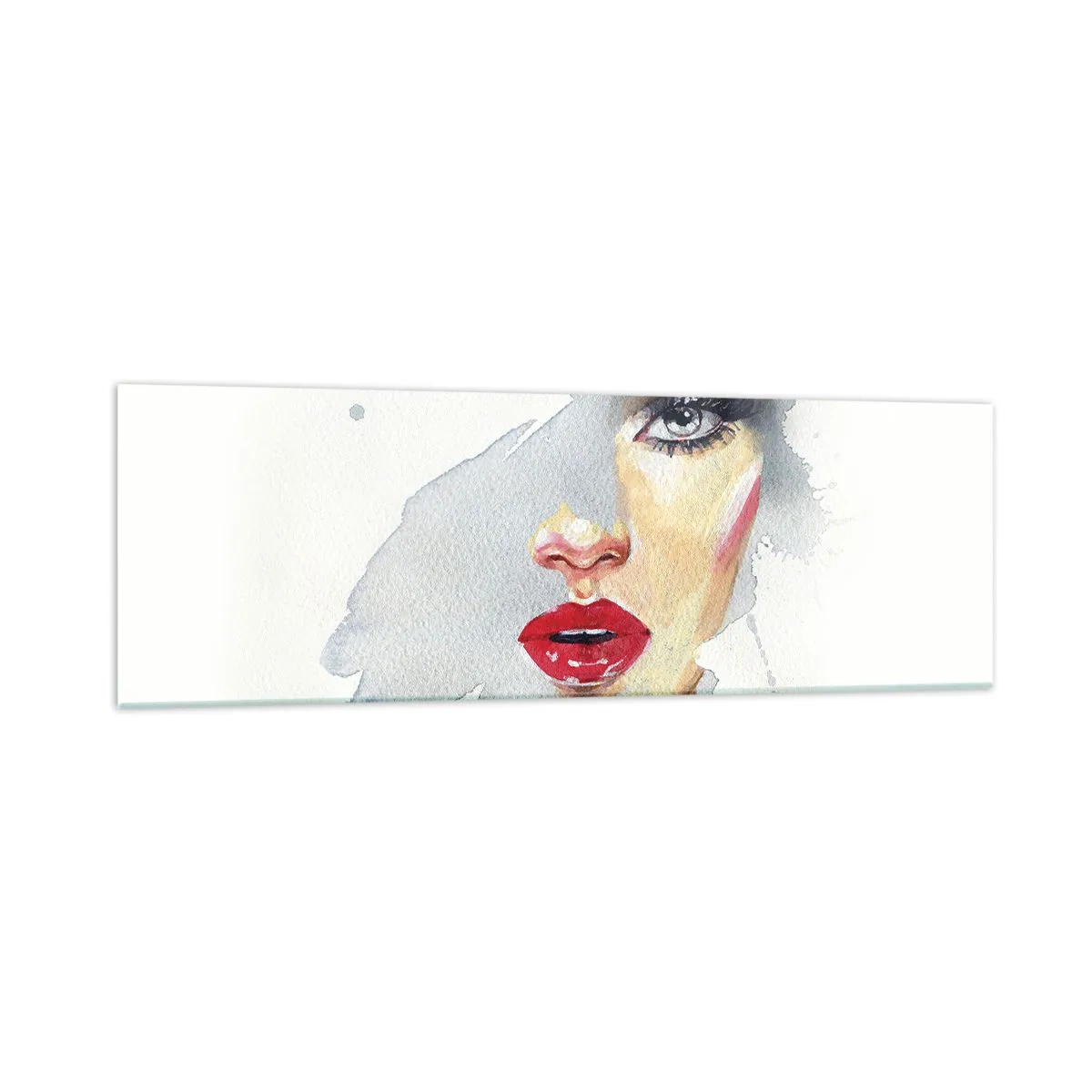 Glasbild - Bild auf glas - Ein Aquarellporträt einer Frau mit intensivem Blick. - 160x50cm - Abspiegeln in einem Wassertropfen - Moderne Wanddekoration für Wohnzimmer und Schlafzimmer ARTTOR