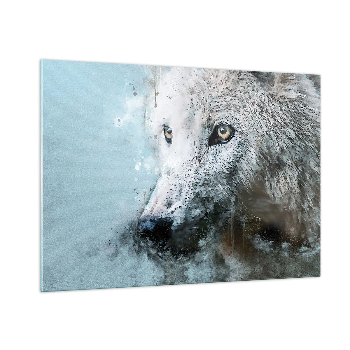 Glasbild - Bild auf glas - Wolfsportrait mit kunstvollen, unscharfen Akzenten in Blautönen - 100x70cm - Lerne die Wolfsseele kennen - Moderne Wanddekoration für Wohnzimmer und Schlafzimmer ARTTOR