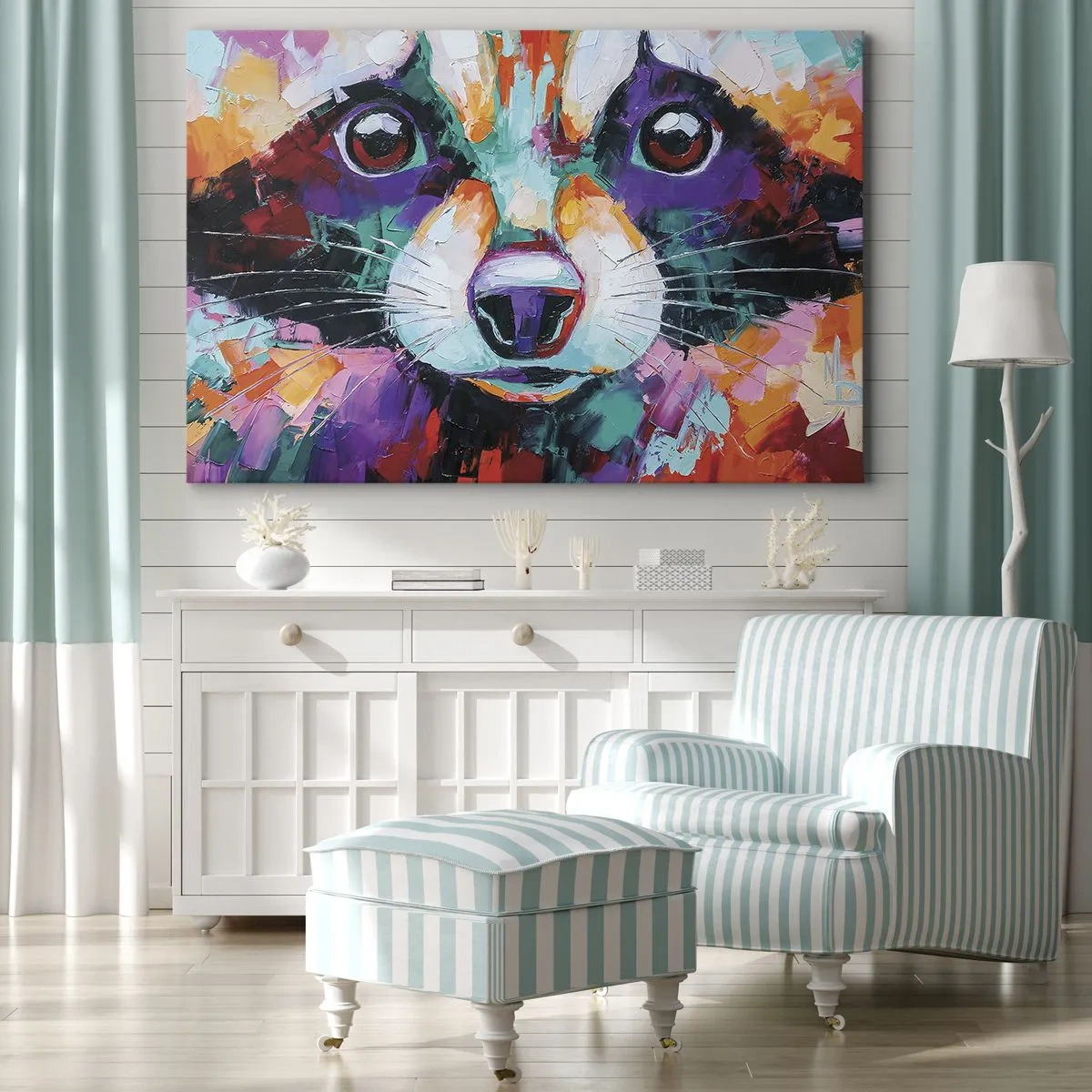 Bild auf Leinwand - Leinwandbild - Ein farbenfrohes Porträt eines Waschbären im Stil der expressiven Malerei. - 120x80cm - Nur gute Emotionen - Moderne Wanddekoration für Wohnzimmer und Schlafzimmer ARTTOR