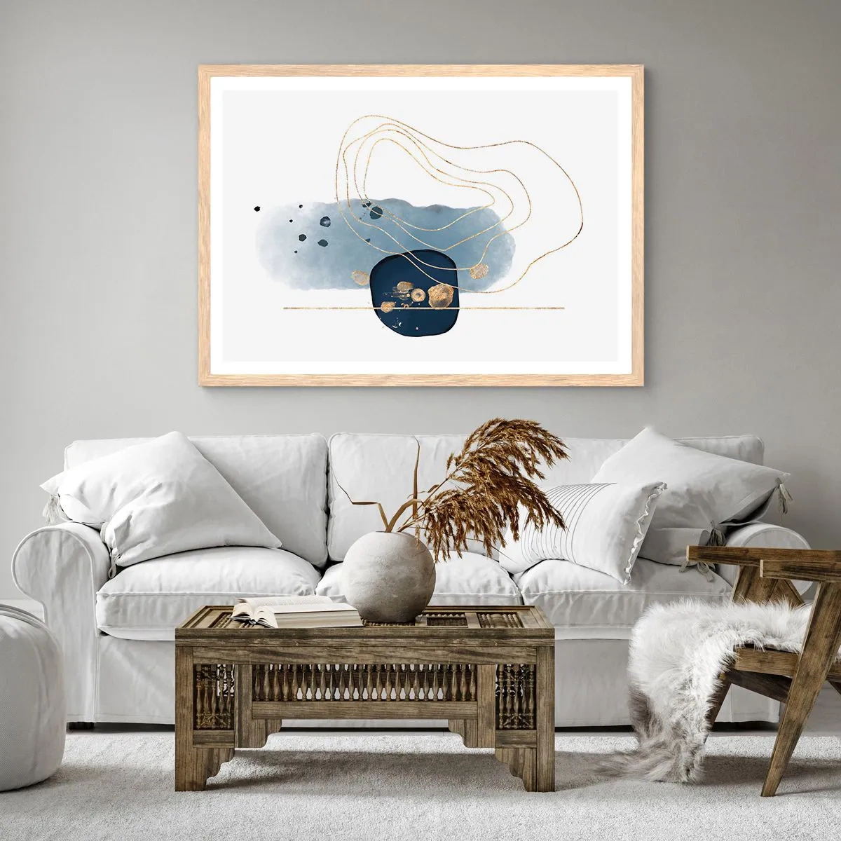 Poster in einem Rahmen aus heller Eiche - Blau-goldene Fantasie - 100x70 cm