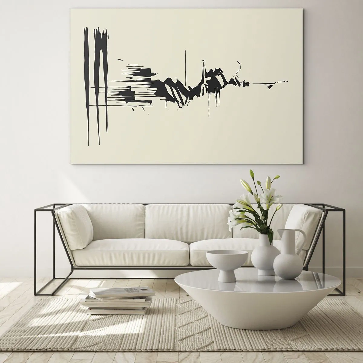 Glasbild - Bild auf glas - Schwarze dynamische Linien und Punkte auf hellem Hintergrund im abstrakten Stil. - 70x50cm - Hastige Abstraktion - Moderne Wanddekoration für Wohnzimmer und Schlafzimmer ARTTOR