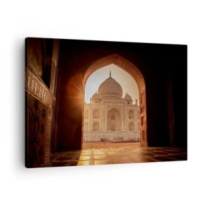 Bild auf Leinwand - Leinwandbild - Taj Mahal im Sonnenlicht vom Torbogen aus gesehen - 70x50cm - Denkmal der überirdischen Liebe - Moderne Wanddekoration für Wohnzimmer und Schlafzimmer ARTTOR