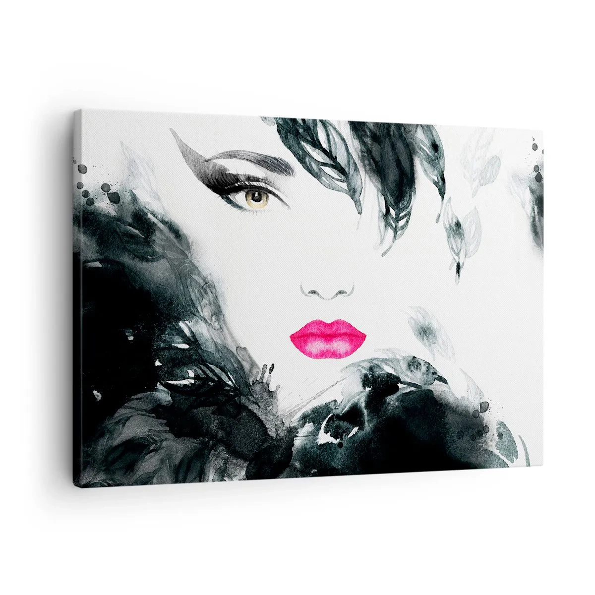 Bild auf Leinwand - Leinwandbild - Künstlerisches Porträt einer Frau mit intensiv rosa Lippen - 70x50cm - Beachtung! Femme fatale - Moderne Wanddekoration für Wohnzimmer und Schlafzimmer ARTTOR
