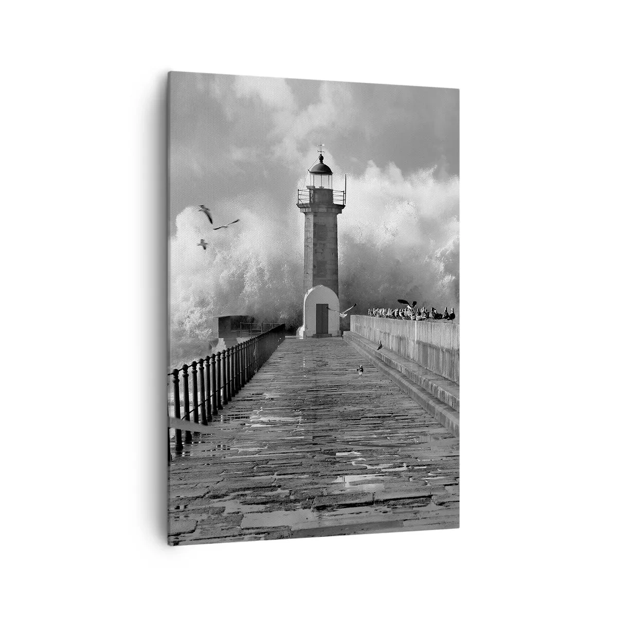 Bild auf Leinwand - Leinwandbild - Ein Leuchtturm, umgeben von Wellen während eines Sturms - 70x100cm - Furchtlos - Moderne Wanddekoration für Wohnzimmer und Schlafzimmer ARTTOR