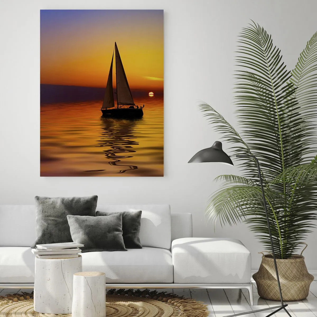 Glasbild - Bild auf glas - Ein Segelboot auf ruhiger See bei Sonnenuntergang - 70x100cm - Wie ruhig es hier in der Abenddämmerung ist... - Moderne Wanddekoration für Wohnzimmer und Schlafzimmer ARTTOR