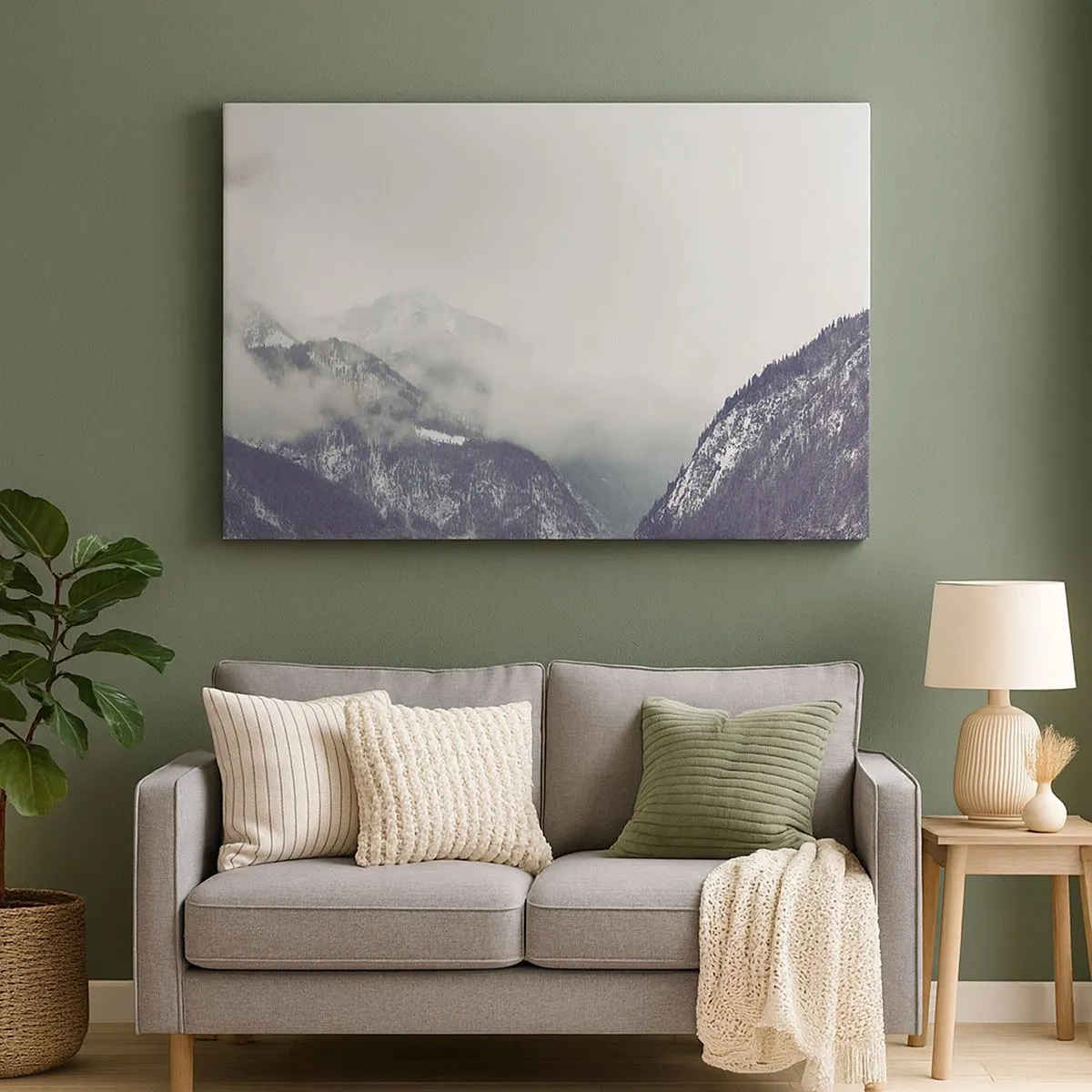 Bild auf Leinwand - Leinwandbild - Ein in Nebel gehülltes Bergtal in Grautönen - 70x50cm - Nebliges Tal - Moderne Wanddekoration für Wohnzimmer und Schlafzimmer ARTTOR