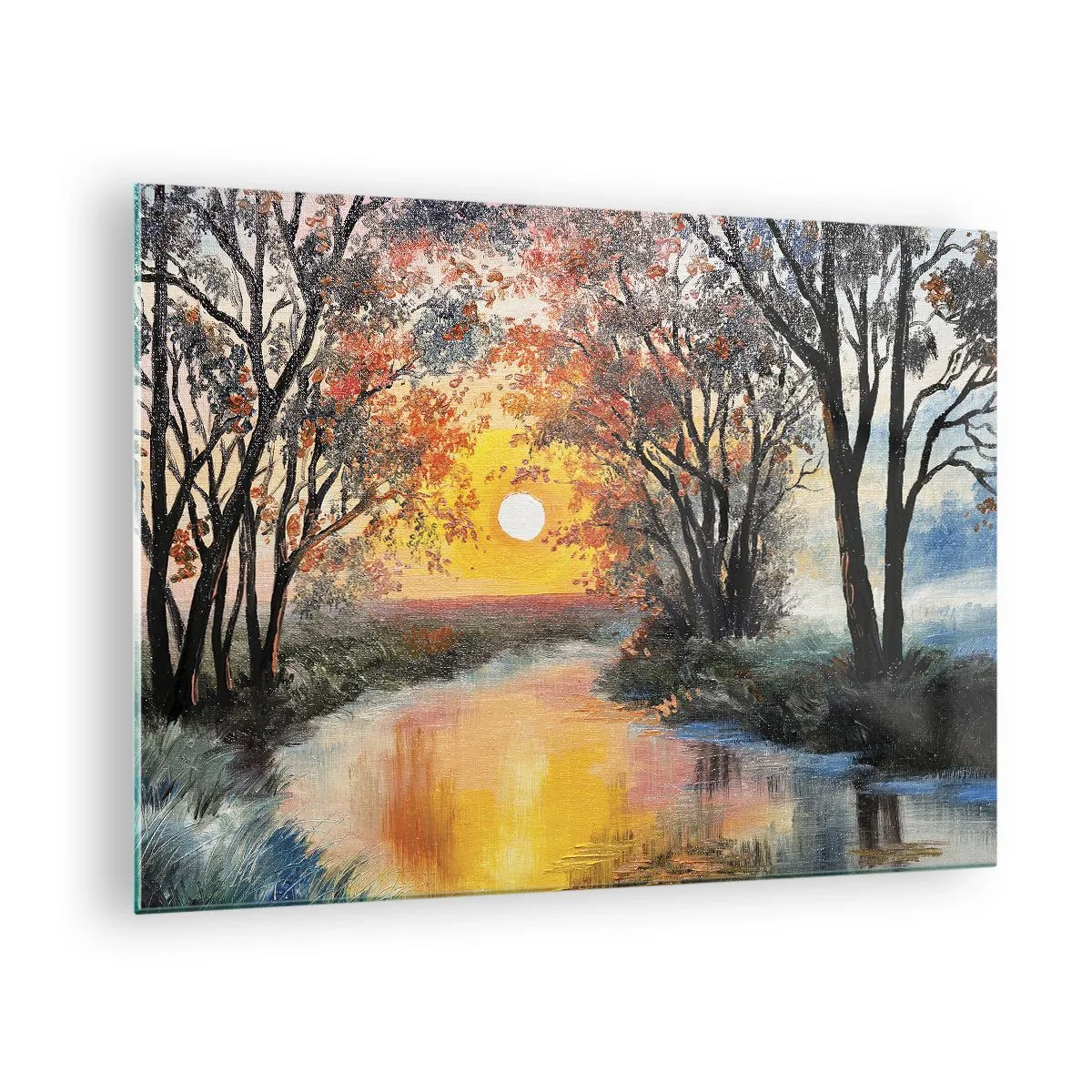 Glasbild - Bild auf glas - Sonnenuntergang über dem Fluss zwischen den Bäumen - 70x50cm - Herbststimmung - Moderne Wanddekoration für Wohnzimmer und Schlafzimmer ARTTOR