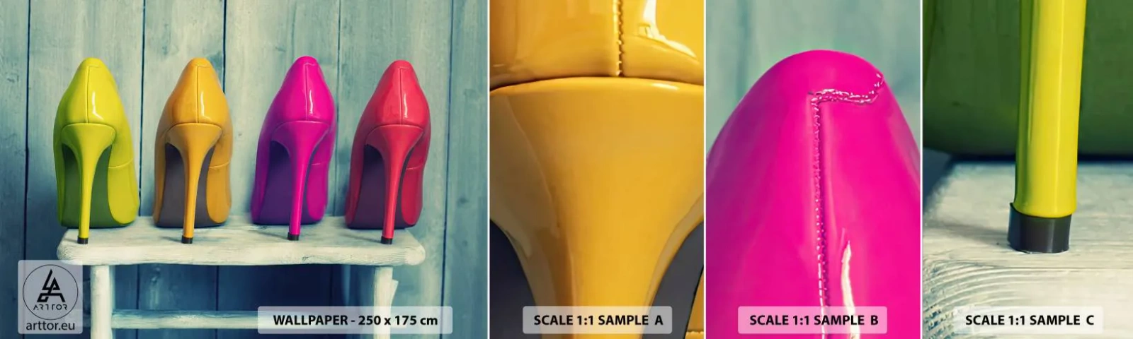 Fototapetenmuster Standard Eco - Spazierengehen auf dem Regenbogen - Mode, Frau, Frauen Schuhe - 100x30 cm