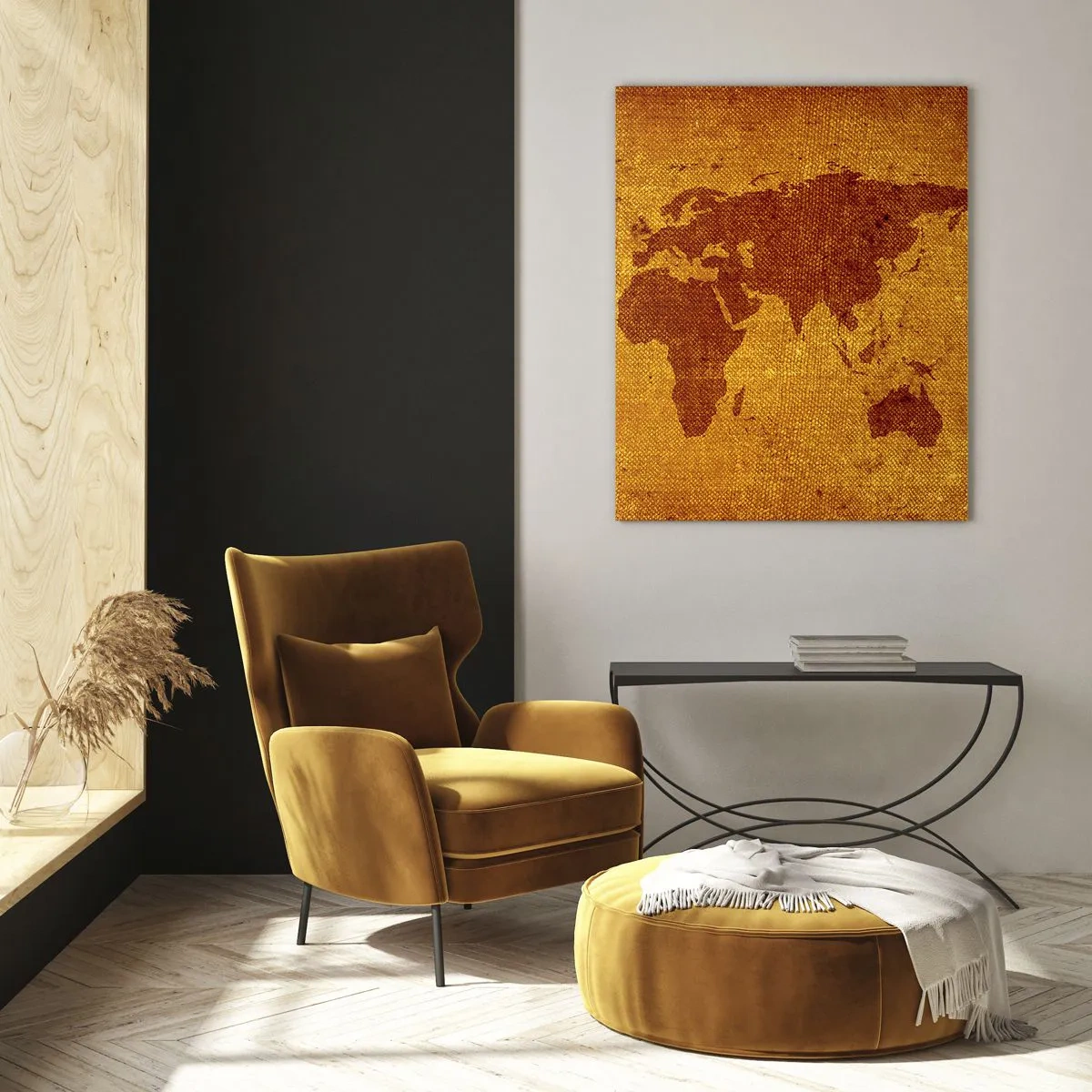 Glasbild - Bild auf glas - Eine Weltkarte in warmen, sepiafarbenen Farben - 50x70cm - Eine Einladung zum Reisen - Moderne Wanddekoration für Wohnzimmer und Schlafzimmer ARTTOR