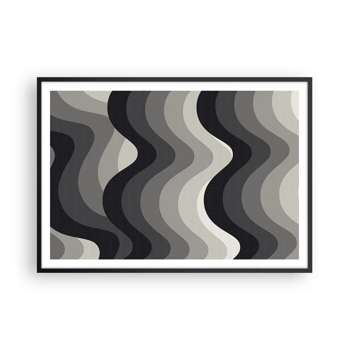 Poster in einem schwarzem Rahmen - Schwarz-weiße Wellenmuster in Grautönen - 100x70cm - Eine Welle nach der anderen - Moderne Wanddekoration für Wohnzimmer und Schlafzimmer ARTTOR