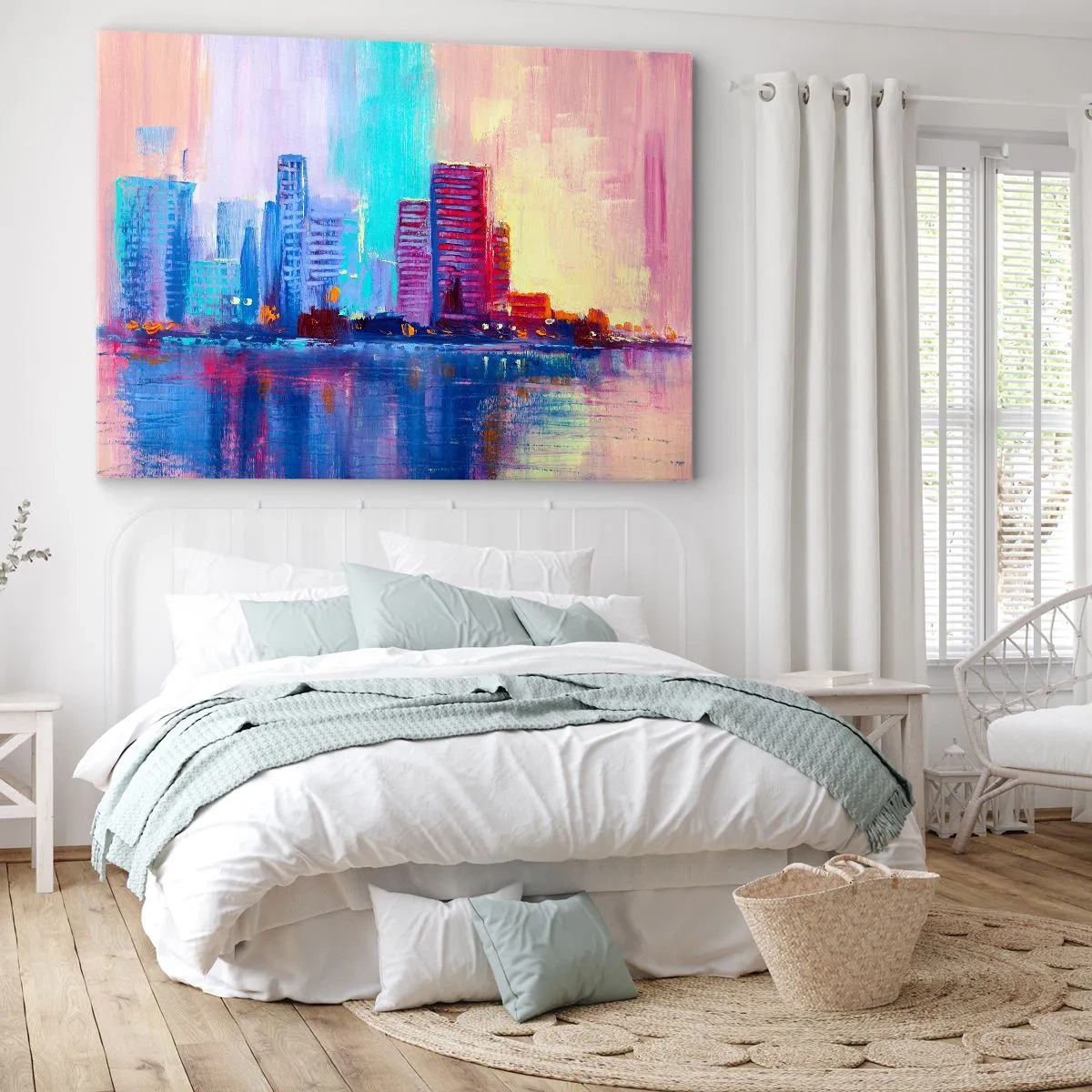 Bild auf Leinwand - Leinwandbild - Ein farbenfrohes Panorama der Stadt im Aquarellstil - 120x80cm - In Farben getaucht - Moderne Wanddekoration für Wohnzimmer und Schlafzimmer ARTTOR