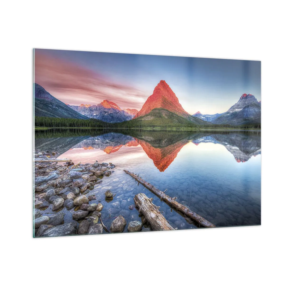 Glasbild - Bild auf glas - Ein Berggipfel spiegelt sich in einem ruhigen See - 100x70cm - Hitze und Kälte - Moderne Wanddekoration für Wohnzimmer und Schlafzimmer ARTTOR