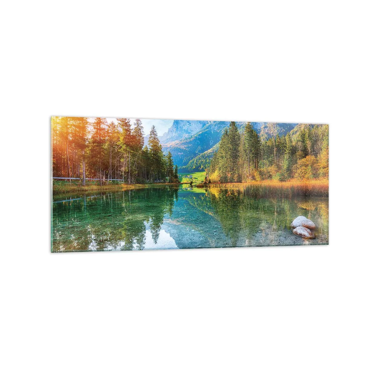 Glasbild - Bild auf glas - Ein malerischer See, umgeben von Bergen und Wäldern - 120x50cm - Die Sanftheit des Herbstes - Moderne Wanddekoration für Wohnzimmer und Schlafzimmer ARTTOR
