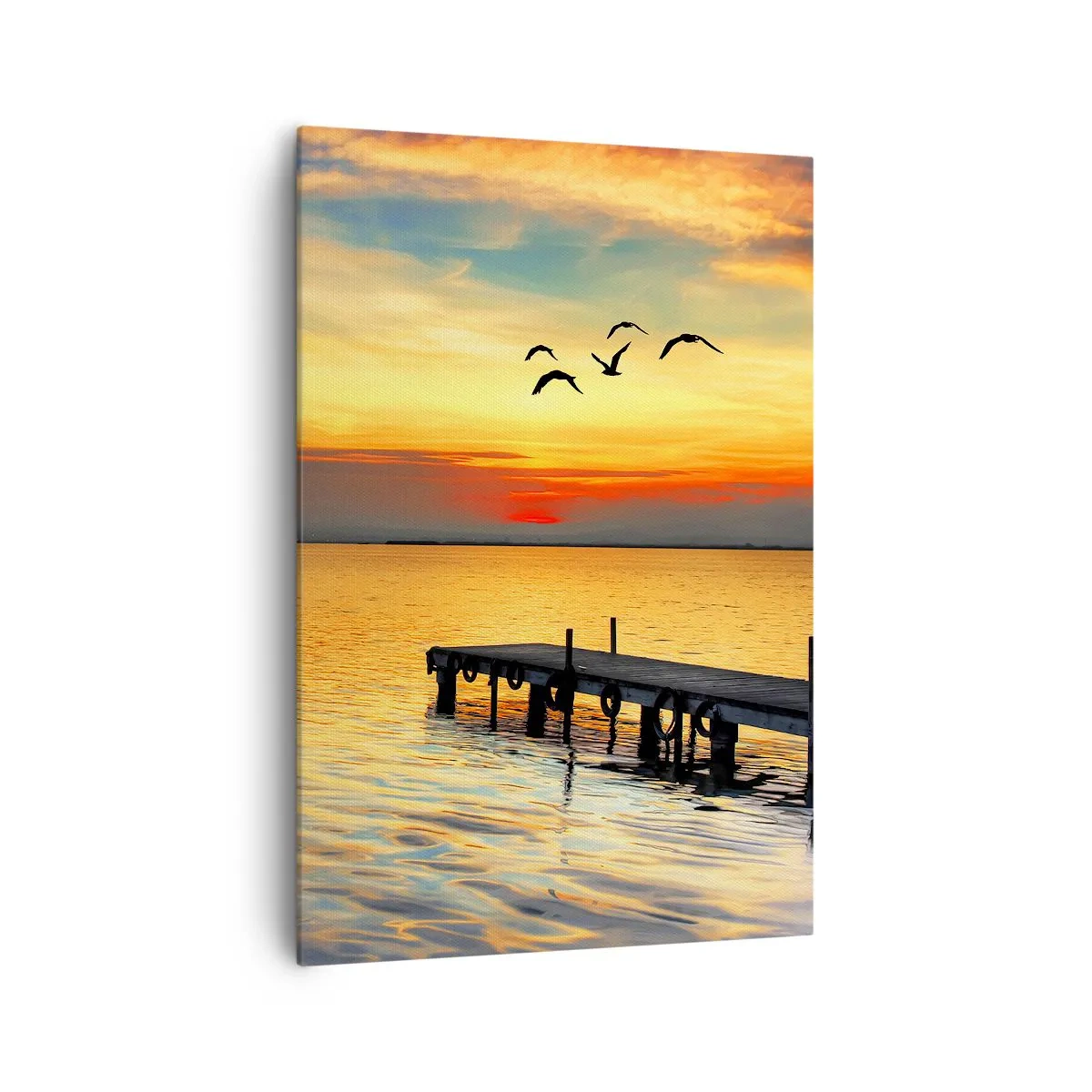 Bild auf Leinwand - Leinwandbild - Sonnenuntergang mit einem Segelboot und Pier auf einem ruhigen See - 70x100cm - Abendrückkehr - Moderne Wanddekoration für Wohnzimmer und Schlafzimmer ARTTOR