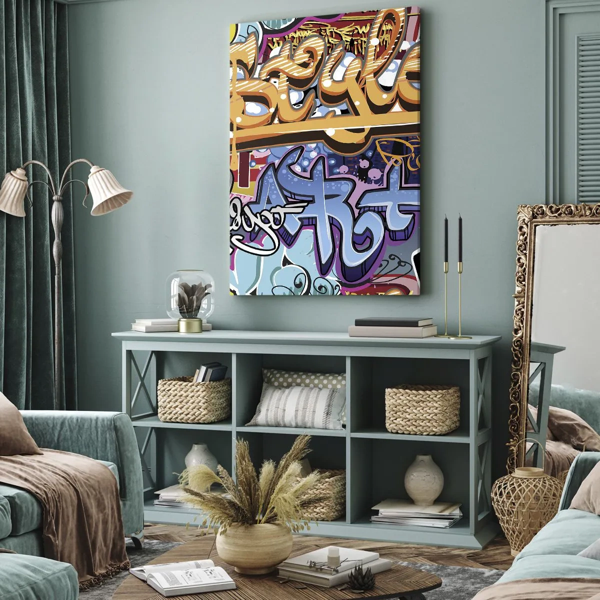 Bild auf Leinwand - Leinwandbild - Bunte Graffiti mit dynamischen Aufschriften und Illustrationen - 80x120cm - Wandbilder, Wandbilder, Wandbilder ... - Moderne Wanddekoration für Wohnzimmer und Schlafzimmer ARTTOR