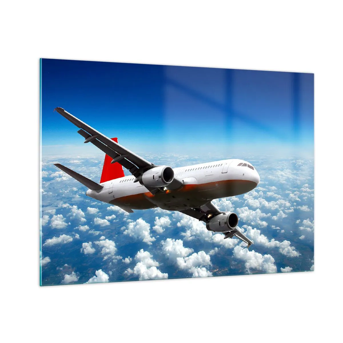 Glasbild - Bild auf glas - Ein Passagierflugzeug fliegt über den Wolken vor blauem Himmel - 100x70cm - Entferne dich von allem - Moderne Wanddekoration für Wohnzimmer und Schlafzimmer ARTTOR