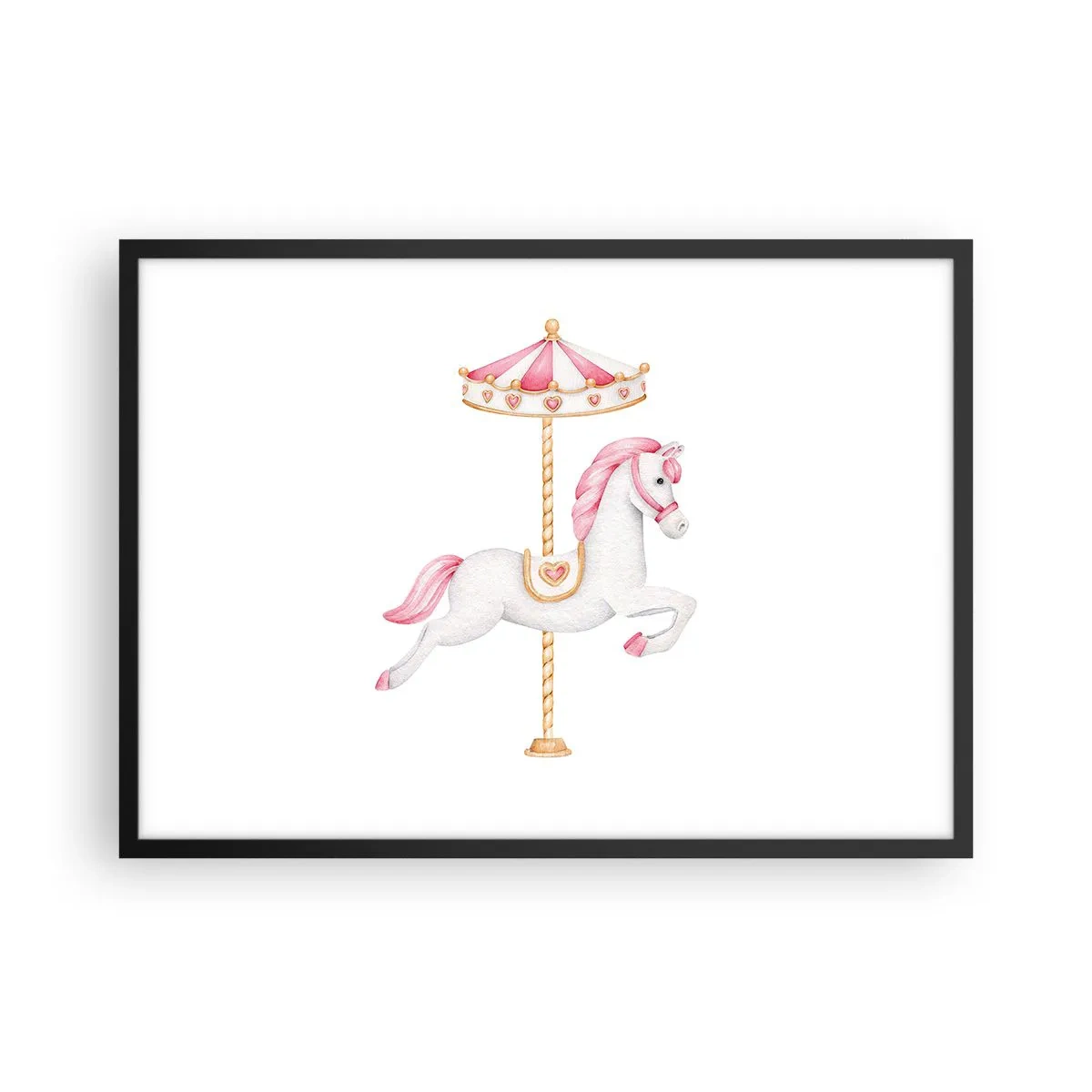 Poster in einem schwarzem Rahmen - Ein Karussellpferd in Pastelltönen von Rosa - 70x50cm - Er legte los - Moderne Wanddekoration für Wohnzimmer und Schlafzimmer ARTTOR