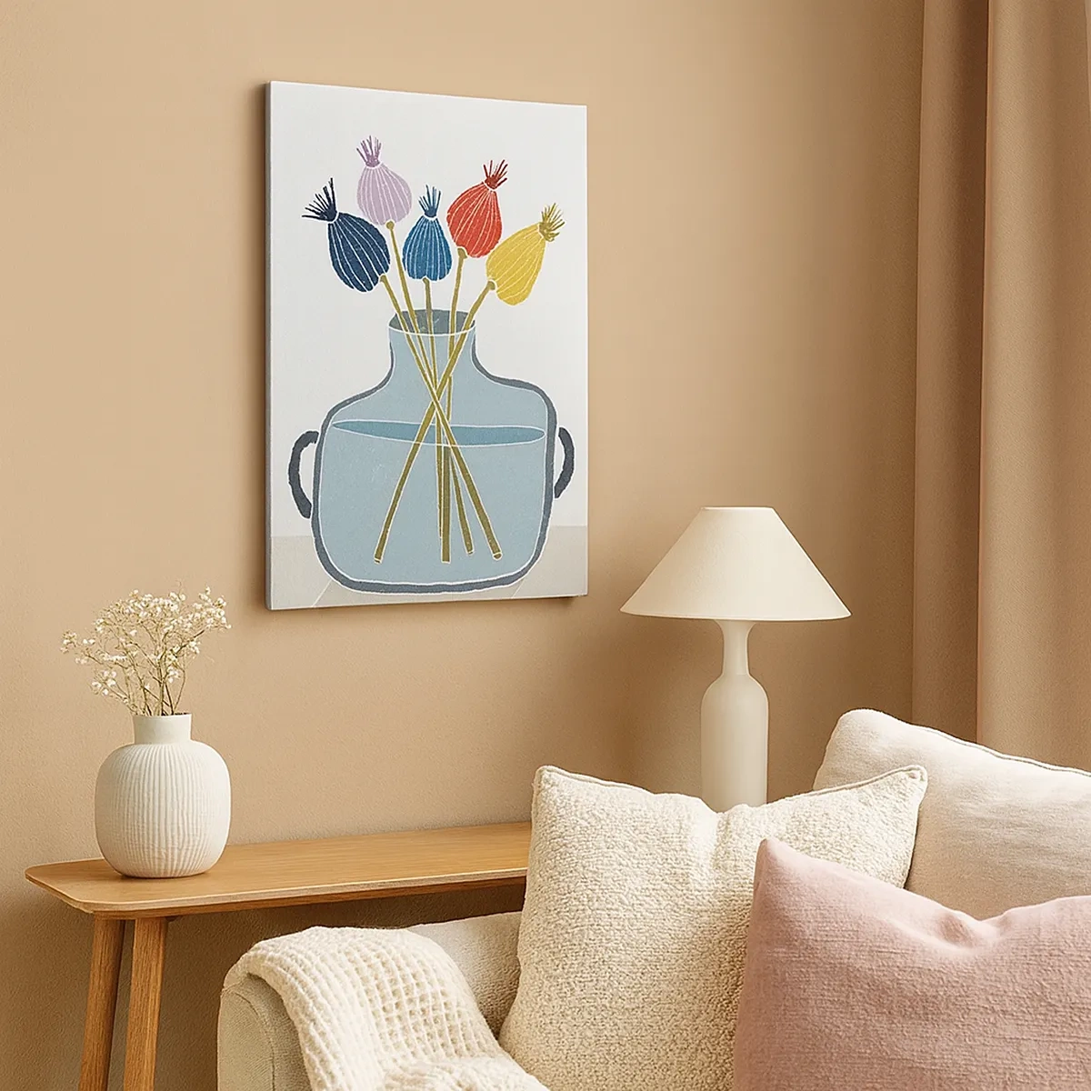 Bild auf Leinwand - Leinwandbild - Bunte Trockenblumen in einer Vase auf weißem Hintergrund - 50x70cm - Es ist mucksmäuschenstill - Moderne Wanddekoration für Wohnzimmer und Schlafzimmer ARTTOR