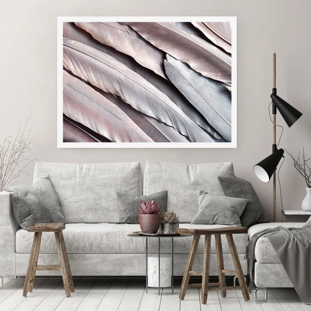 Poster - Zarte Federn in dezenten Grau- und Beigetönen - 100x70cm - In rosa Silber - Moderne Wanddekoration für Wohnzimmer und Schlafzimmer ARTTOR