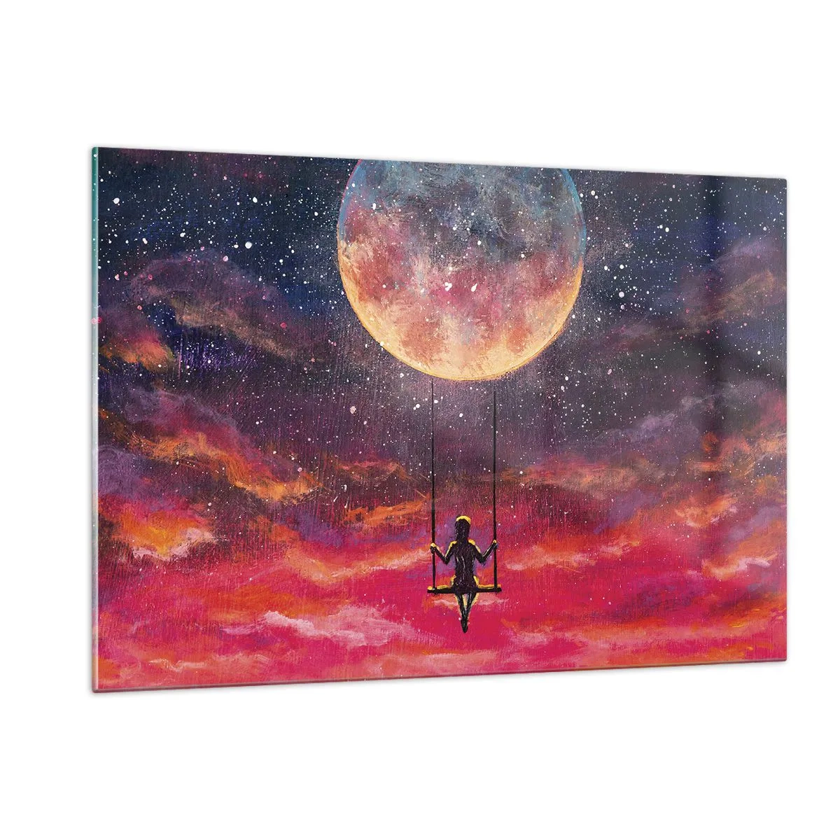 Glasbild - Bild auf glas - Ein Mädchen auf einer Schaukel unter dem Mond - 120x80cm - Traum - Moderne Wanddekoration für Wohnzimmer und Schlafzimmer ARTTOR
