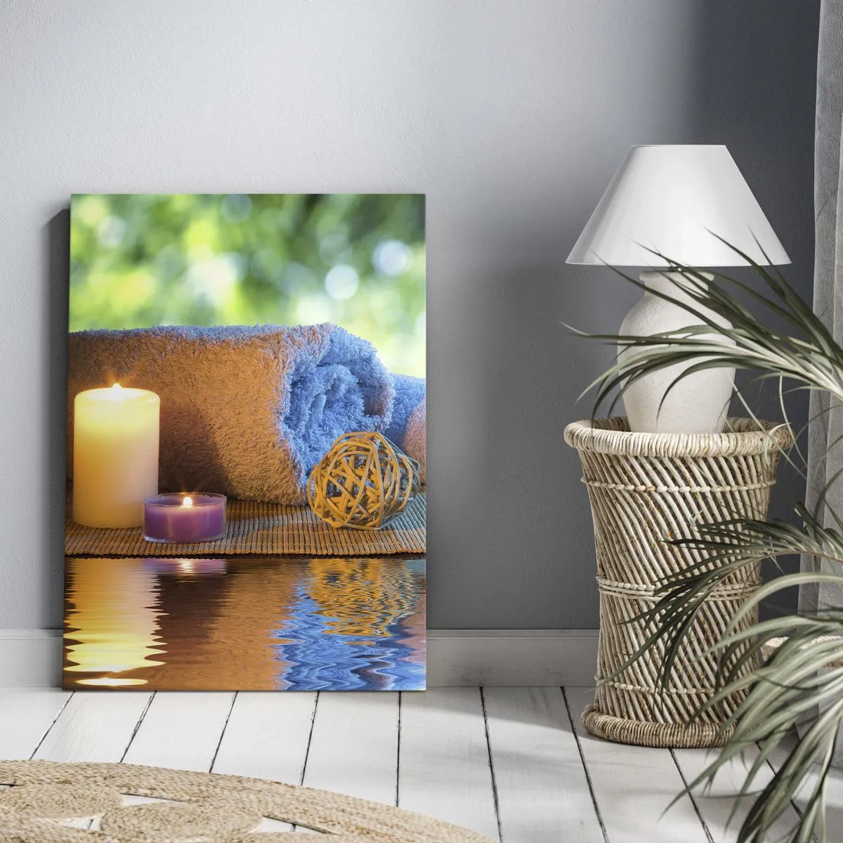 Bild auf Leinwand - Leinwandbild - Entspannendes SPA-Set mit Handtüchern, Kerzen und Steinen - 70x100cm - Zeit für den Körper - Moderne Wanddekoration für Wohnzimmer und Schlafzimmer ARTTOR