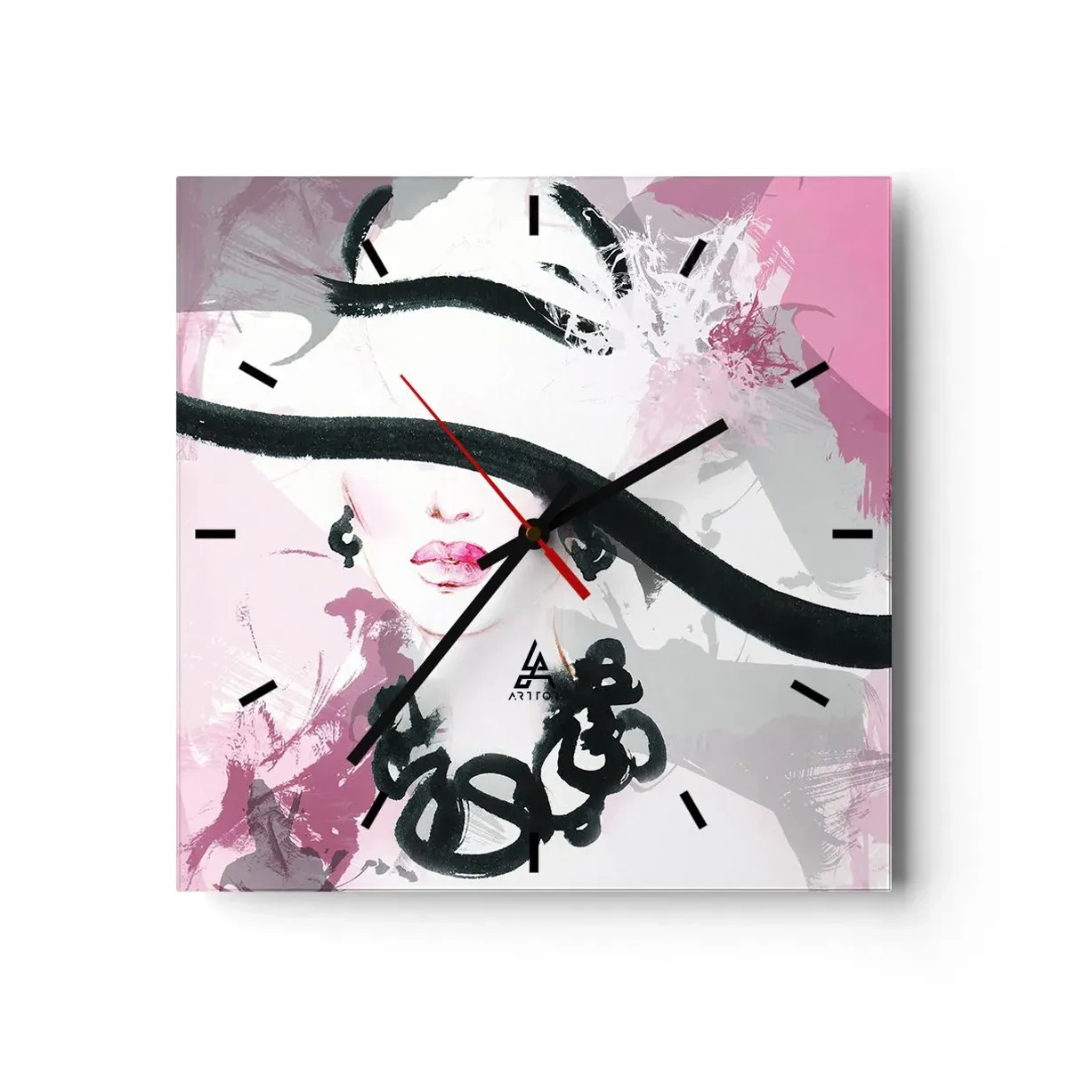 Wanduhr - Glasuhr - Bildnis einer Dame in Schwarz und Pink - 40x40 cm