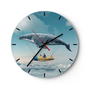 Wanduhr - Glasuhr - Ein fliegender Wal, der ein Flugzeug über die Wolken hebt - 30x30cm - Warum nicht? - Moderne Wanddekoration für Wohnzimmer, Küche und Schlafzimmer ARTTOR