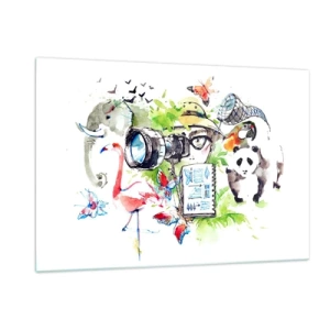 Glasbild - Bild auf glas - Illustration eines Fotografen mit einer Kamera und Tieren - 120x80cm - In der Linse eines Reisenden - Moderne Wanddekoration für Wohnzimmer und Schlafzimmer ARTTOR