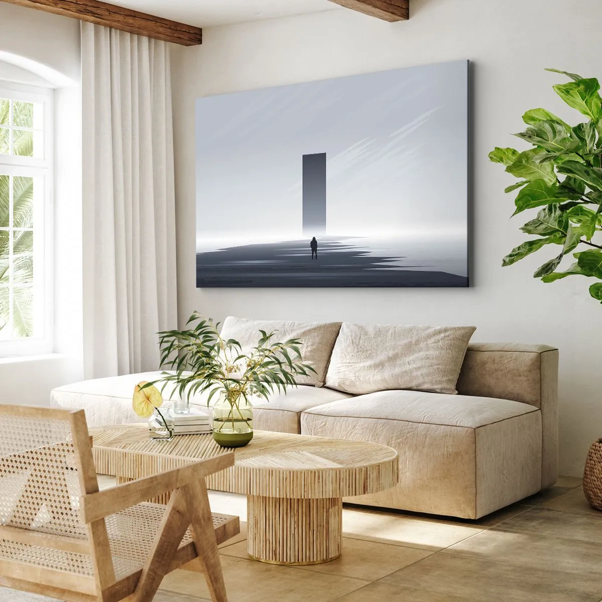 Bild auf Leinwand - Leinwandbild - Eine minimalistische Landschaft mit einer Silhouette neben einem rechteckigen Monolithen - 120x80cm - Chance oder Bedrohung? - Moderne Wanddekoration für Wohnzimmer und Schlafzimmer ARTTOR