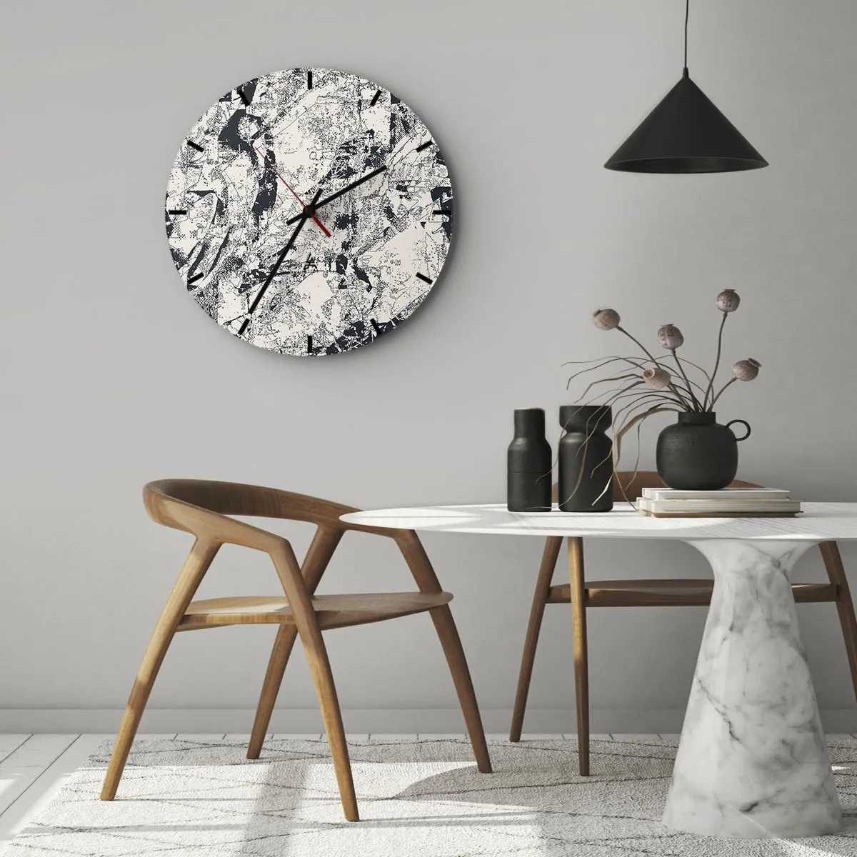 Wanduhr - Glasuhr - Abstrakte Komposition in Schwarz- und Grautönen - 30x30cm - Durchdringung der Gegensätze - Moderne Wanddekoration für Wohnzimmer, Küche und Schlafzimmer ARTTOR
