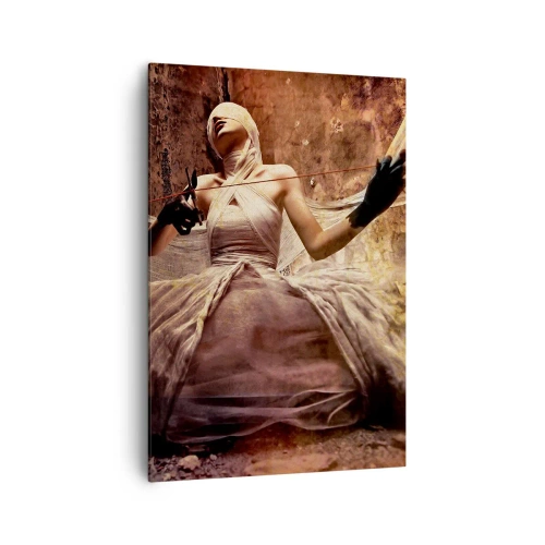 Bild auf Leinwand - Leinwandbild - Eine Frau in einem Kleid mit bedecktem Gesicht und einer Schere in den Händen - 70x100cm - Göttin des Schicksals - Moderne Wanddekoration für Wohnzimmer und Schlafzimmer ARTTOR