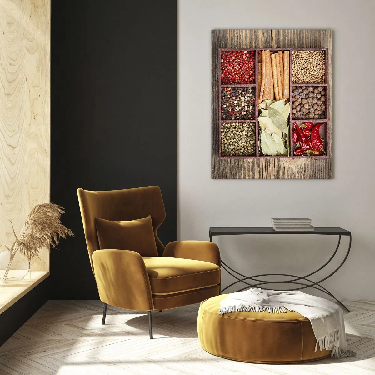 Glasbild - Bild auf glas - Holzkiste mit verschiedenen Gewürzen in Fächern - 70x100cm - Ordnung der Formen, Bouquet von Aromen - Moderne Wanddekoration für Wohnzimmer und Schlafzimmer ARTTOR