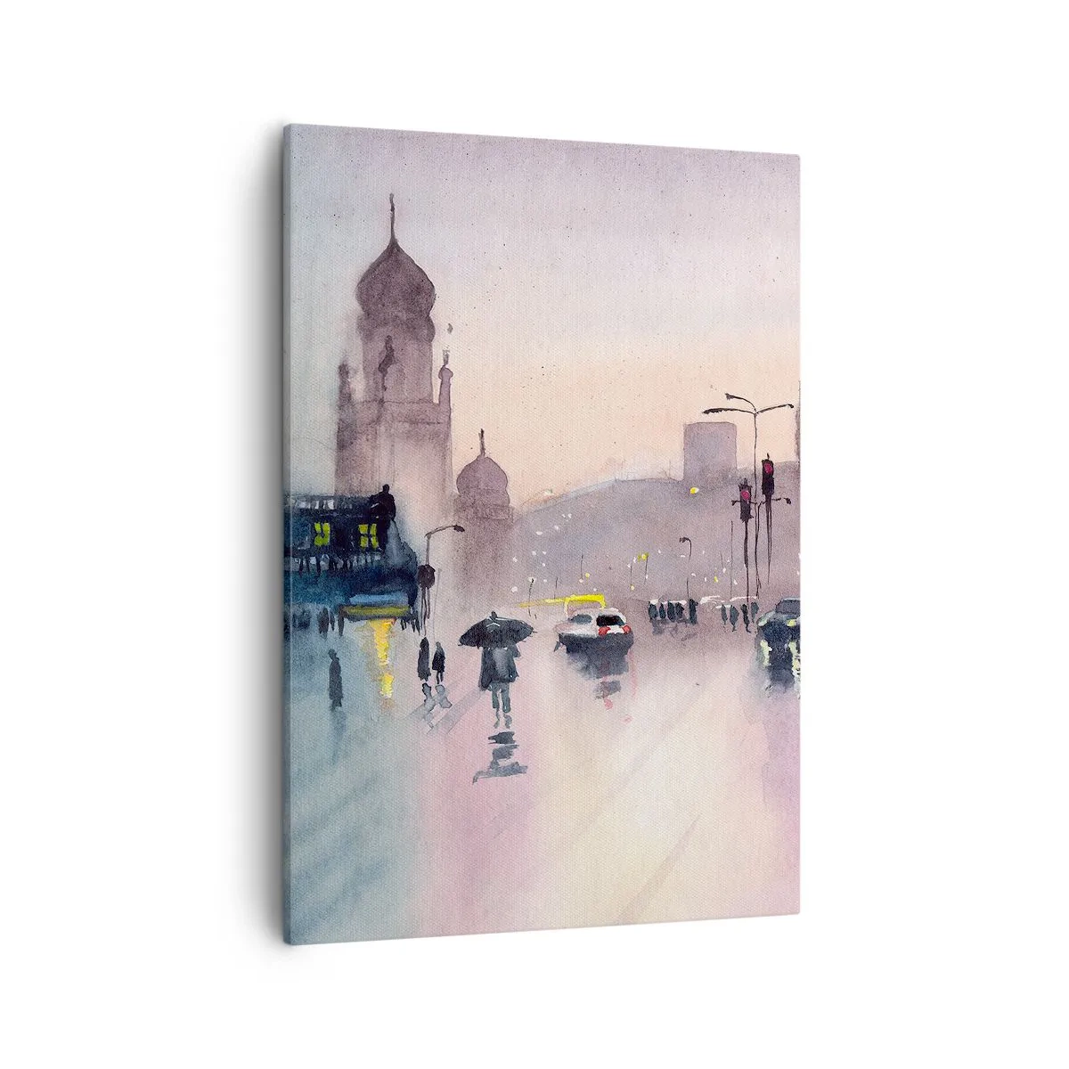 Bild auf Leinwand - Leinwandbild - Eine Stadtstraße in der Abenddämmerung im Aquarellstil - 50x70cm - Im regnerischen Dunst - Moderne Wanddekoration für Wohnzimmer und Schlafzimmer ARTTOR