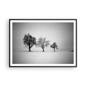 Poster in einem schwarzem Rahmen - Drei Bäume auf einem schneebedeckten Feld im monochromen Stil - 100x70cm - Wovon träumen sie? - Moderne Wanddekoration für Wohnzimmer und Schlafzimmer ARTTOR