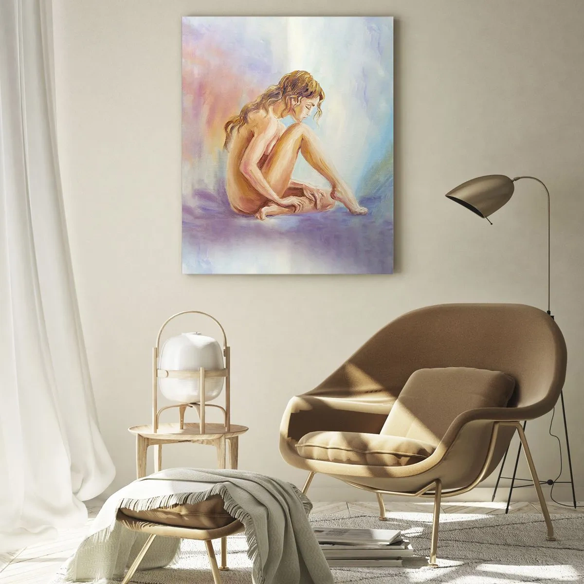 Glasbild - Bild auf glas - Eine zarte Figur einer Frau auf einem pastellfarbenen Hintergrund - 70x100cm - Akt der Jugend - Moderne Wanddekoration für Wohnzimmer und Schlafzimmer ARTTOR