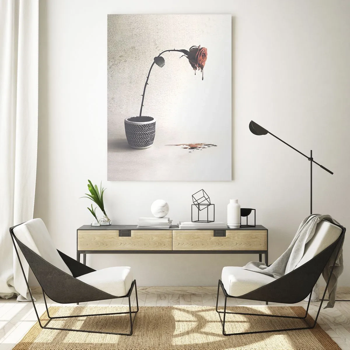 Glasbild - Bild auf glas - Eine rote Rose in einem Topf mit Farbtropfen auf weißem Hintergrund - 70x100cm - Rosa dolorosa - Moderne Wanddekoration für Wohnzimmer und Schlafzimmer ARTTOR