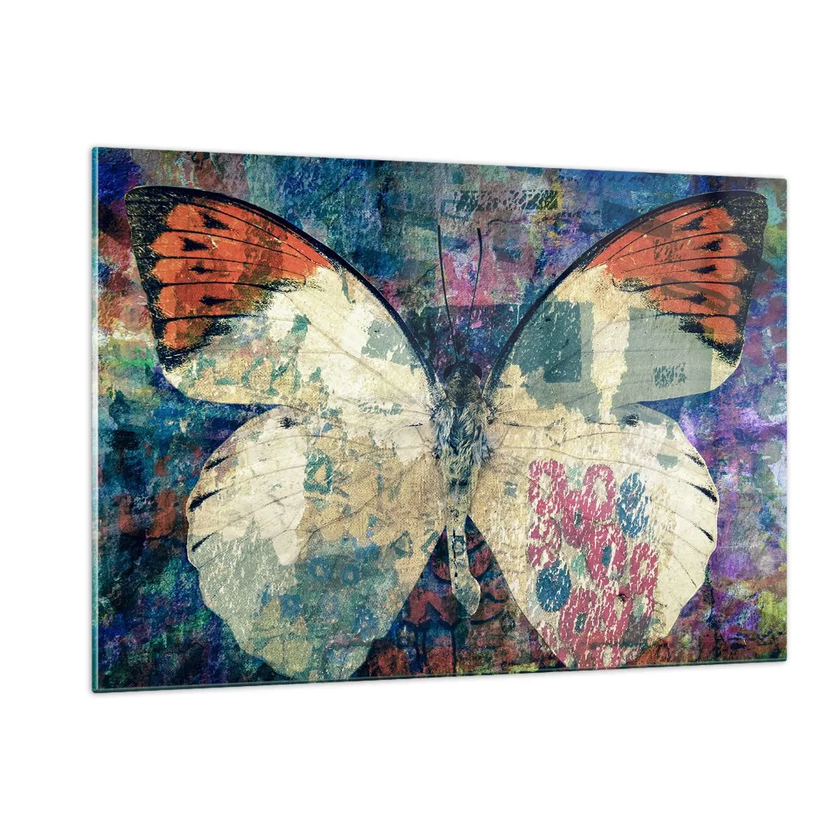 Glasbild - Bild auf glas - Ein bunter Schmetterling auf einem abstrakten Hintergrund in Blau- und Orangetönen. - 120x80cm - Subtile Zerbrechlichkeit - Moderne Wanddekoration für Wohnzimmer und Schlafzimmer ARTTOR