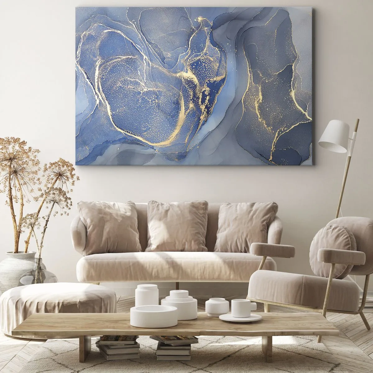 Bild auf Leinwand - Leinwandbild - Abstrakte blaue Muster mit goldenen Akzenten - 70x50cm - Goldstaub - Moderne Wanddekoration für Wohnzimmer und Schlafzimmer ARTTOR