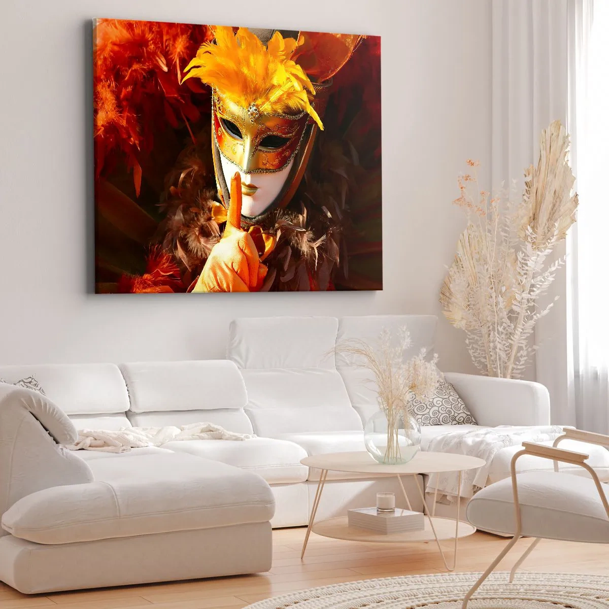 Bild auf Leinwand - Leinwandbild - Karnevalsmaske in Gold- und Orangetönen - 120x80cm - Geheimnis ist Teil des Spiels - Moderne Wanddekoration für Wohnzimmer und Schlafzimmer ARTTOR