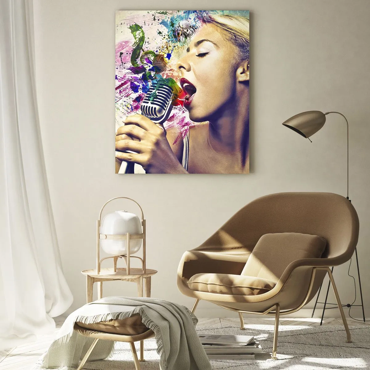 Glasbild - Bild auf glas - Künstlerisches Porträt einer singenden Frau mit farbenfrohen Effekten - 80x120cm - Malen Sie die Welt mit Ihrer Stimme - Moderne Wanddekoration für Wohnzimmer und Schlafzimmer ARTTOR