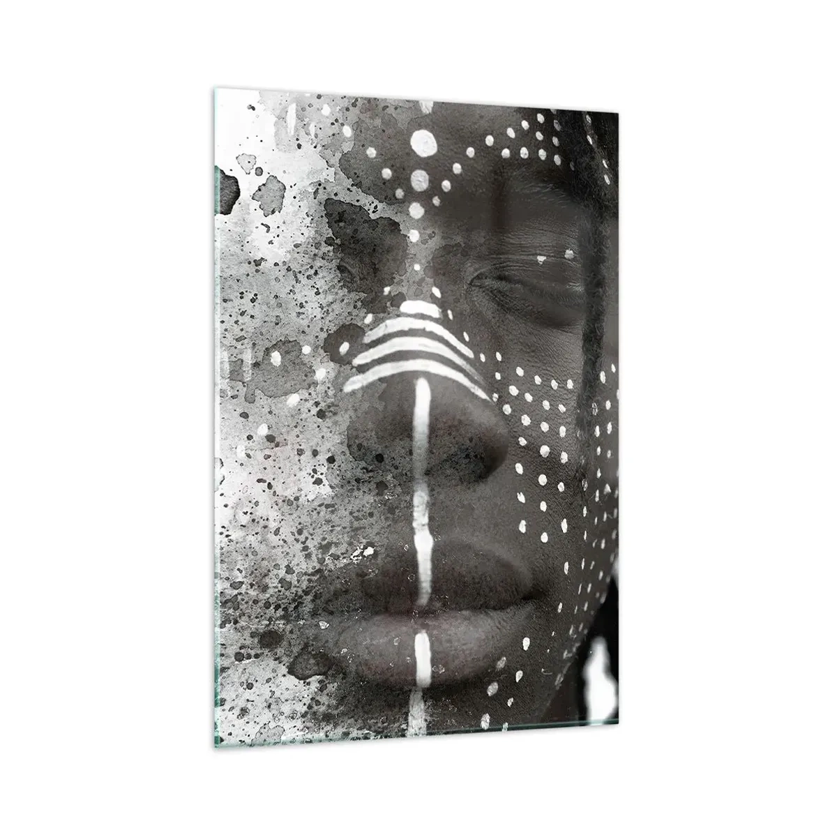 Glasbild - Bild auf glas - Künstlerisches Gesichtsporträt mit abstrakten weißen Mustern - 80x120cm - Entdecke den Urgeist - Moderne Wanddekoration für Wohnzimmer und Schlafzimmer ARTTOR