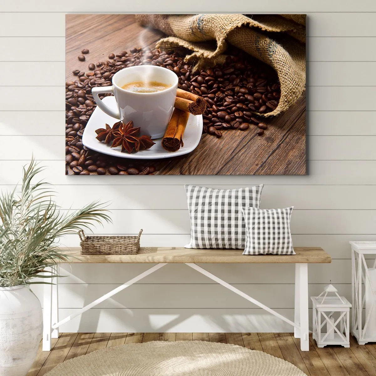 Bild auf Leinwand - Leinwandbild - Eine Tasse Kaffee mit Zimt und Anis auf einem Hintergrund aus Kaffeebohnen - 120x80cm - Würziger Geschmack und Aroma - Moderne Wanddekoration für Wohnzimmer und Schlafzimmer ARTTOR